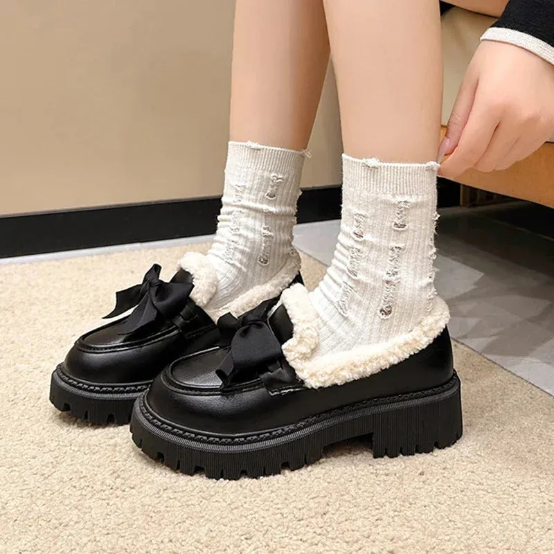 Sohiwoo Sweet Bowknot Plush Inside Loafers Women Japanese Style Round Toe Platform Shoes Woman Thick Sole Casual Cotton Padded Shoes 42
